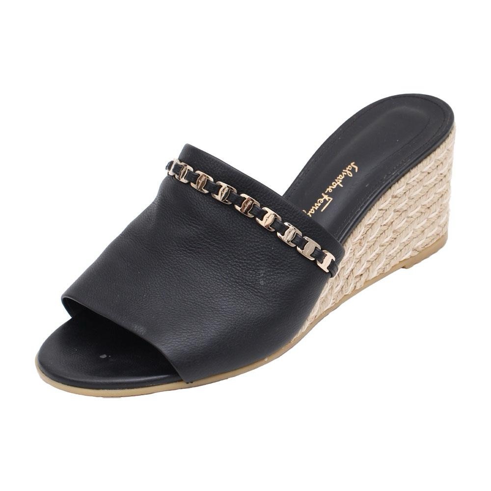 Salvatore Ferragamo elegant black mules wedge with silver chain w LOGO